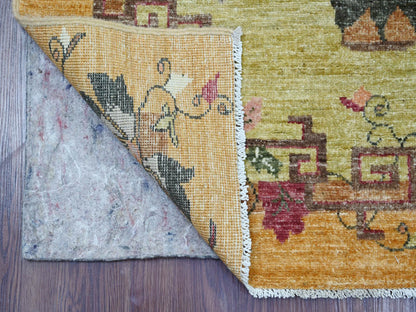 Peshawar Oushak hand-knotted wool runner in Green & Gold, 3'1" x 11'7" — SKU O022557 (view 2)
