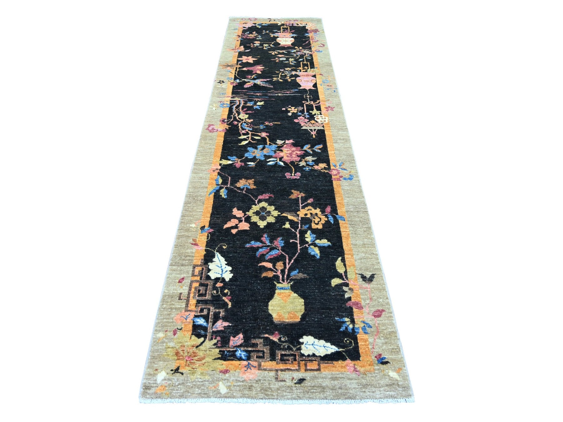 Black 3'0" x 11'10" Oushak And Peshawar Hand knotted Wool Rug - Sku: O022558
