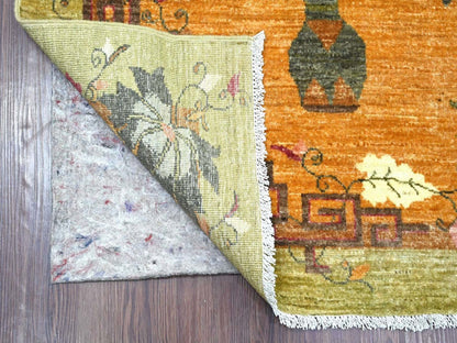 Peshawar Oushak hand-knotted wool runner in Brown & Green, 3' x 11'11" — SKU O022559 (view 2)