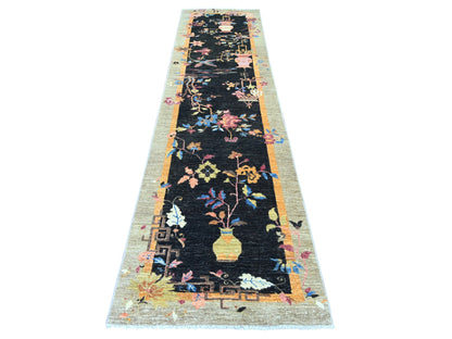 Black 2'11" x 11'10" Oushak And Peshawar Hand knotted Wool Rug - Sku: O022560
