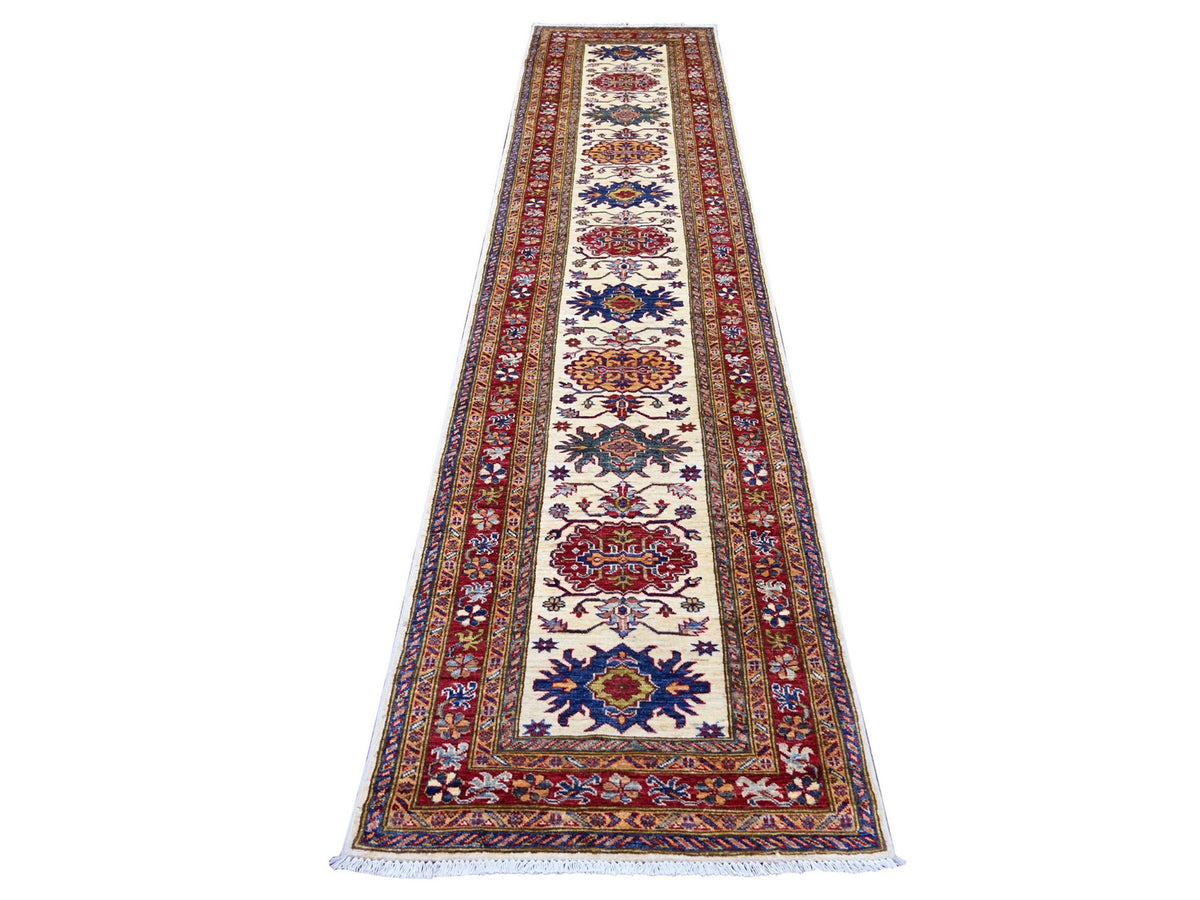 Kazak Tribal & Geometric hand-knotted wool runner in Ivory & Red, 2'8" x 12'1" — SKU O022566