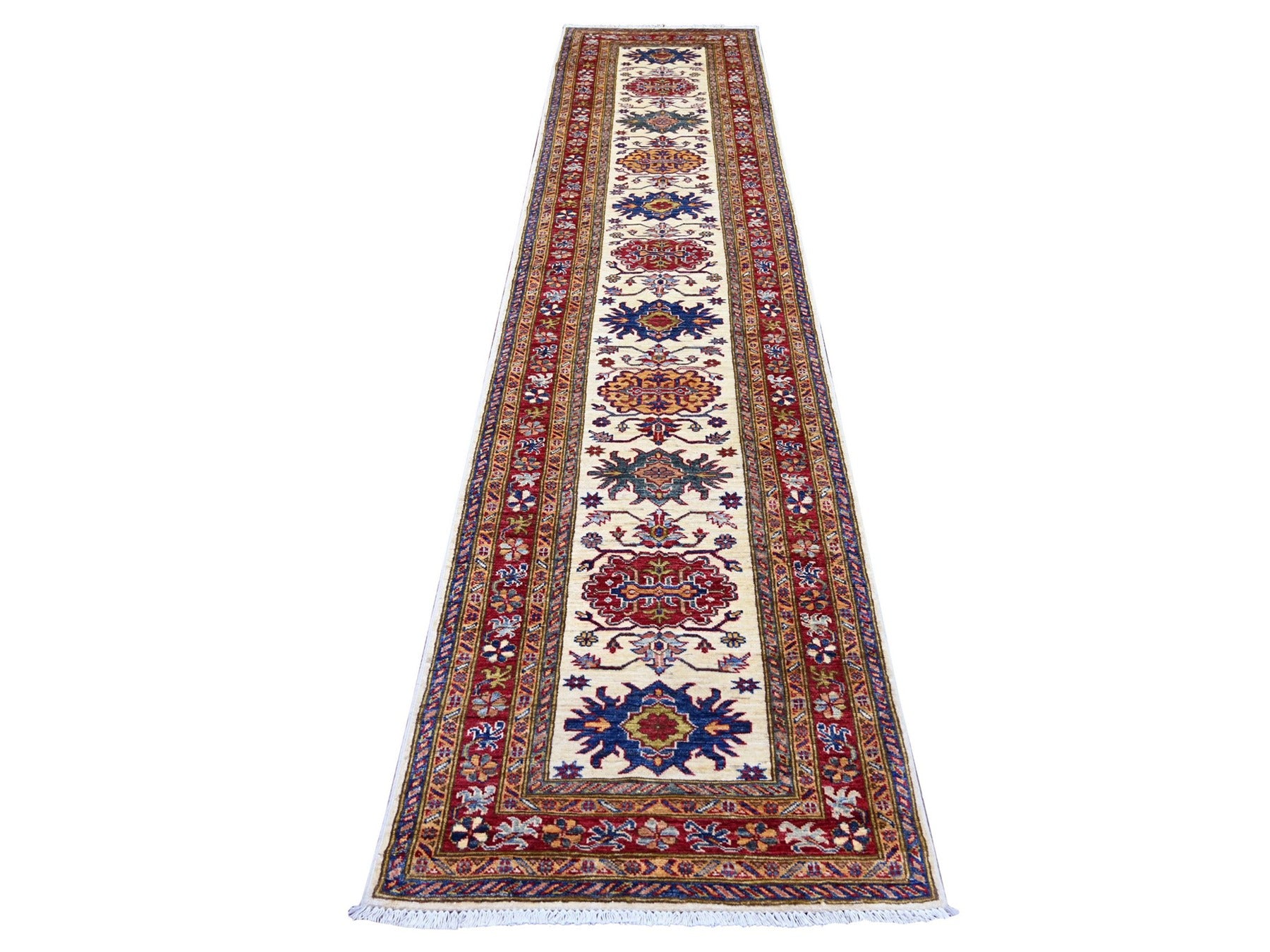 Kazak Tribal & Geometric hand-knotted wool runner in Ivory & Red, 2'8" x 12'1" — SKU O022566