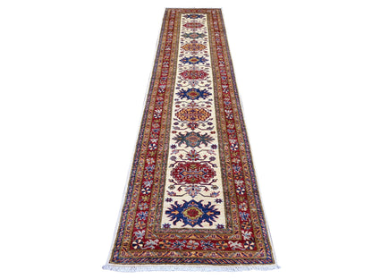 Kazak Tribal & Geometric hand-knotted wool runner in Ivory & Red, 2'8" x 12'1" — SKU O022566