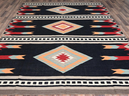 Flat-Weave hand-knotted wool rug in Black, 8'4" x 10'3" — SKU O02256 (view 2)