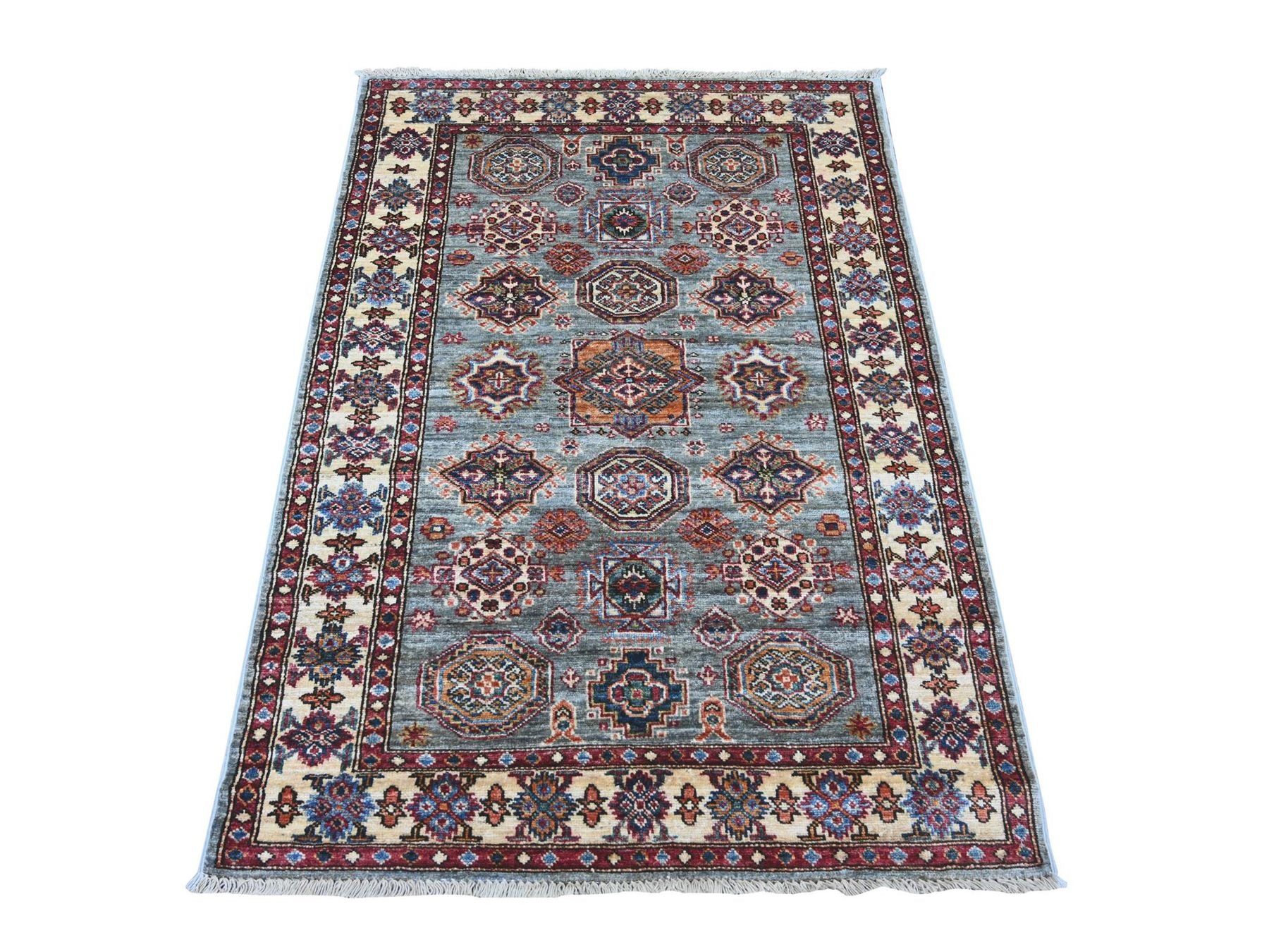 Kazak Tribal & Geometric hand-knotted wool rug in Gray & Ivory, 3'6" x 4'11" — SKU O022575