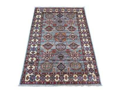 Kazak Tribal & Geometric hand-knotted wool rug in Gray & Ivory, 3'6" x 4'11" — SKU O022575