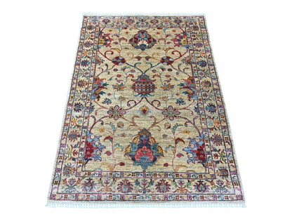 Tribal & Geometric hand-knotted wool rug in Ivory & Linen White, 3'7" x 4'10" — SKU O022578