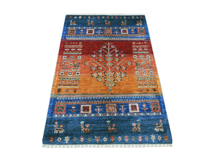 Blue 3'4" x 4'11" Tribal & Geometric Hand knotted Wool Rug - Sku: O022579