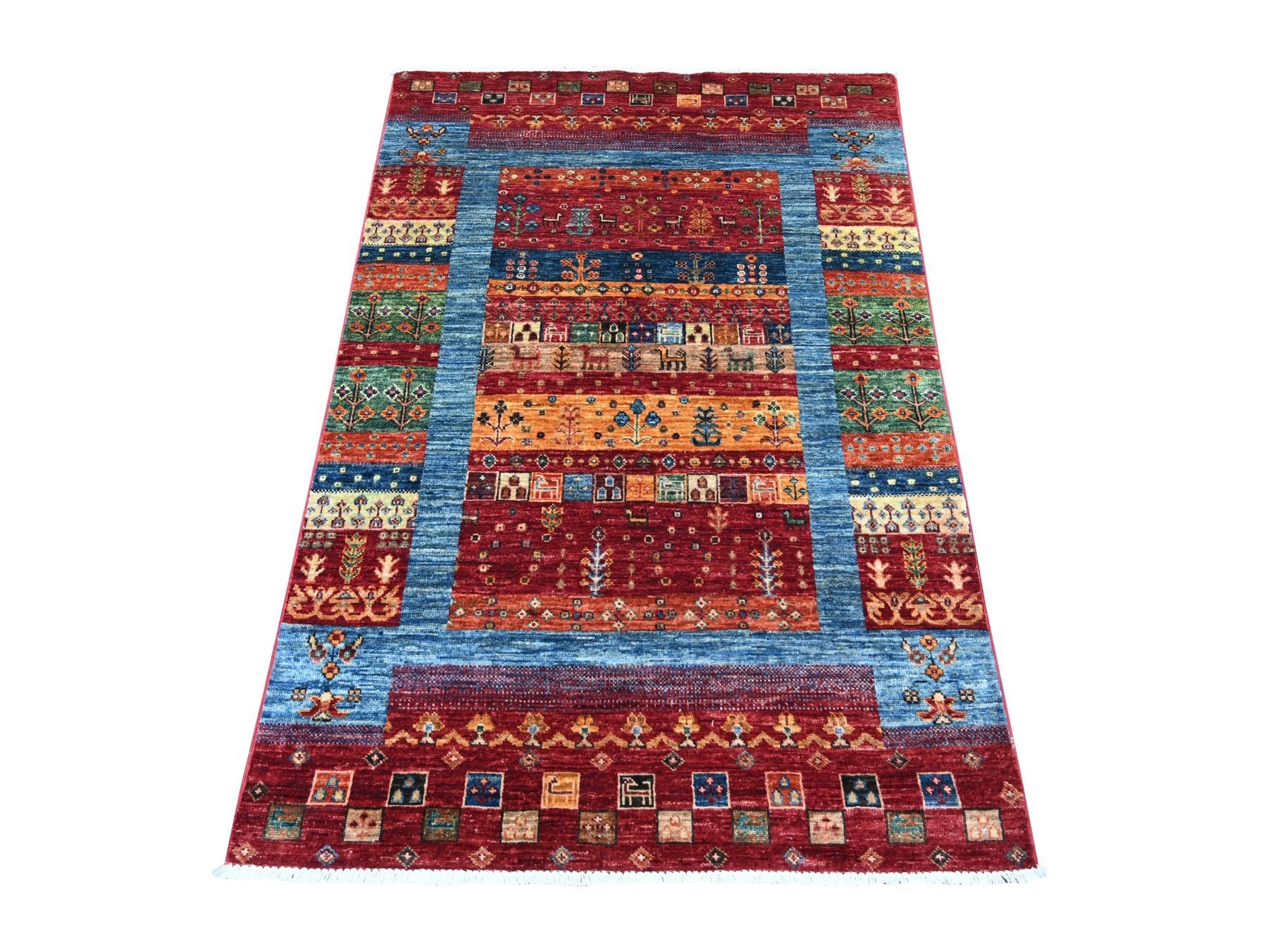 Gabbeh Tribal & Geometric hand-knotted wool rug in Red, 3'4" x 4'11" — SKU O022582