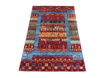 Gabbeh Tribal & Geometric hand-knotted wool rug in Red, 3'4" x 4'11" — SKU O022582