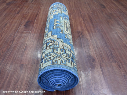 Blue 2'11" x 19'0" Tribal & Geometric Hand knotted Wool Rug - Sku: O022584