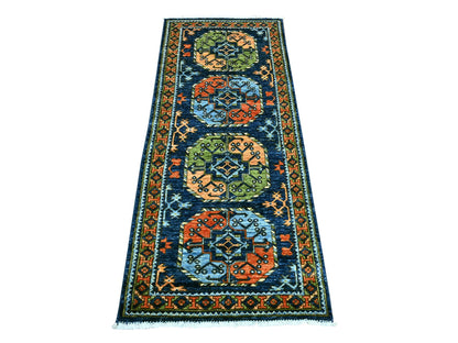 Blue 2'6" x 6'3" Tribal & Geometric Hand knotted Wool Rug - Sku: O022585