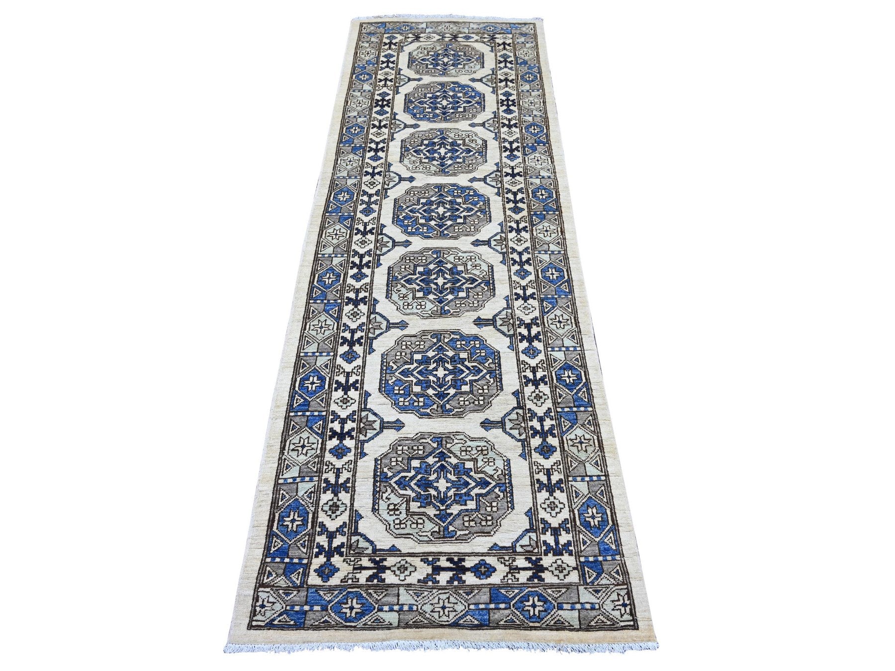 Ersari Tribal & Geometric hand-knotted wool runner in Ivory & Gray, 2'8" x 8' — SKU O022587
