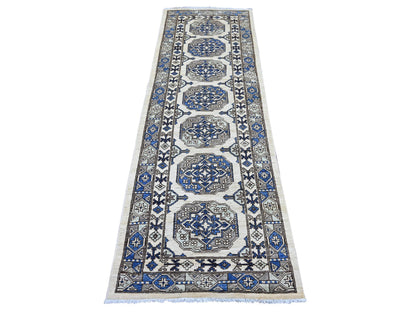 Ersari Tribal & Geometric hand-knotted wool runner in Ivory & Gray, 2'8" x 8' — SKU O022587
