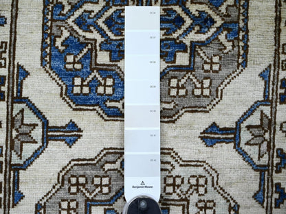 Ersari Tribal & Geometric hand-knotted wool runner in Ivory & Gray, 2'8" x 8' — SKU O022587 (view 3)