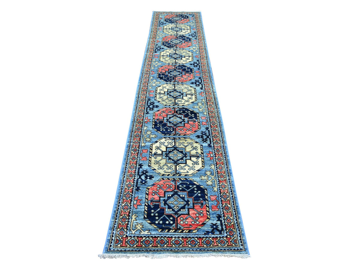 Ersari Tribal & Geometric hand-knotted wool runner in Blue & Rust, 2'6" x 11'11" — SKU O022588
