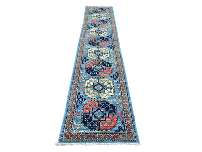 Ersari Tribal & Geometric hand-knotted wool runner in Blue & Rust, 2'6" x 11'11" — SKU O022588