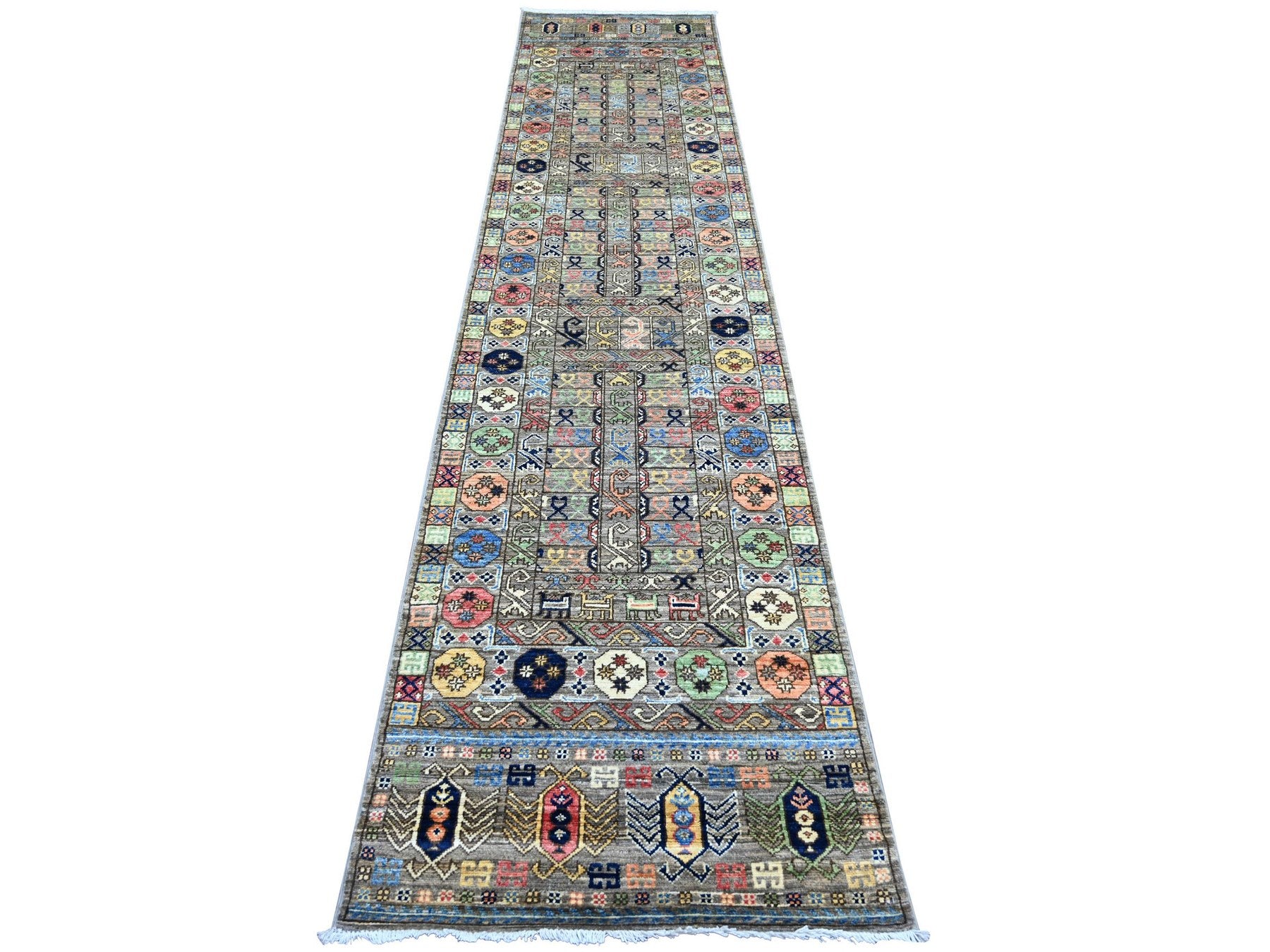 Grey 2'7" x 11'8" Tribal & Geometric Hand knotted Wool Rug - Sku: O022590