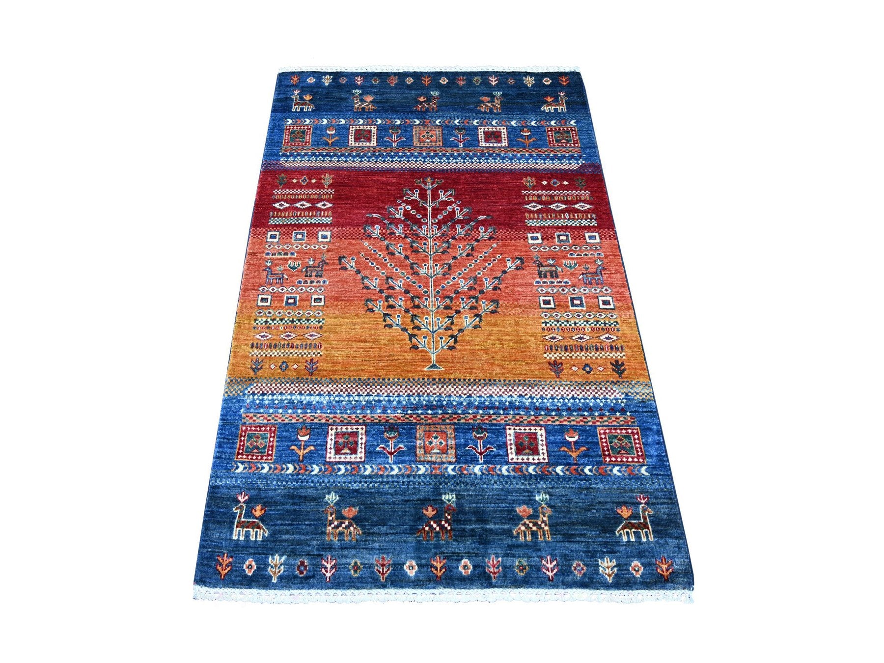 Blue 3'2" x 4'11" Tribal & Geometric Hand knotted Wool Rug - Sku: O022605