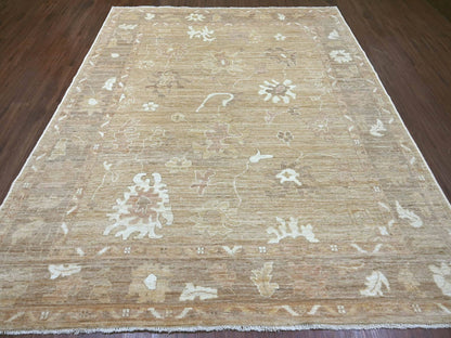 Brown 8'1" x 9'7" Oushak And Peshawar Hand knotted Wool Rug - Sku: O022611