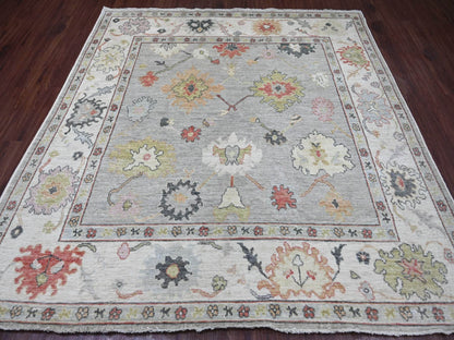 Grey 7'9" x 7'11" Oushak And Peshawar Hand knotted Wool Rug - Sku: O022614