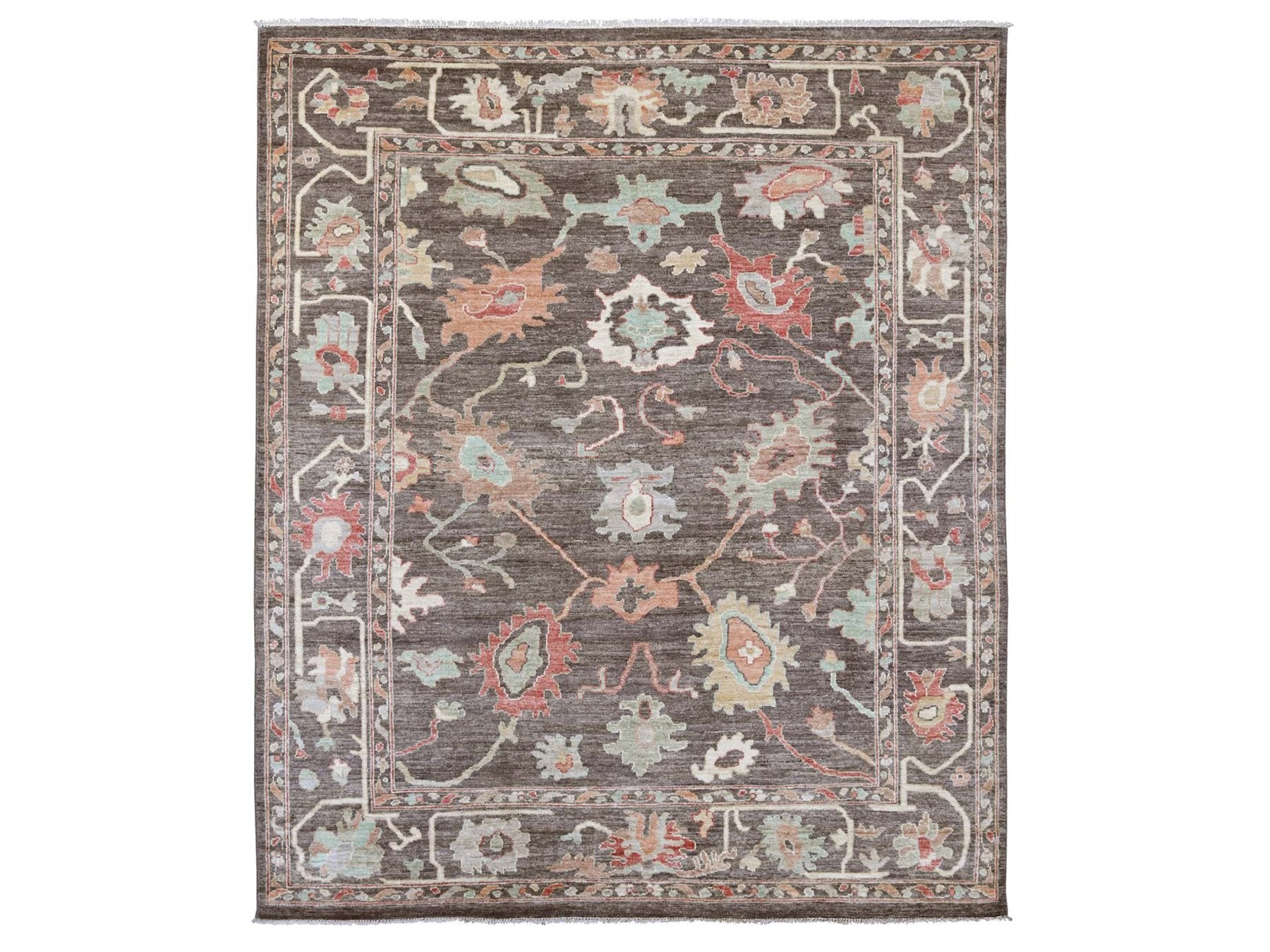 Brown 8'0" x 9'6" Oushak And Peshawar Hand knotted Wool Rug - Sku: O022620