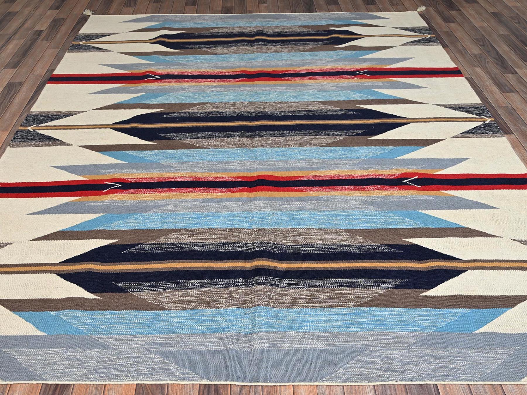 Blue 8'2" x 9'7" Flat Weave Hand woven Wool Rug - Sku: O02263