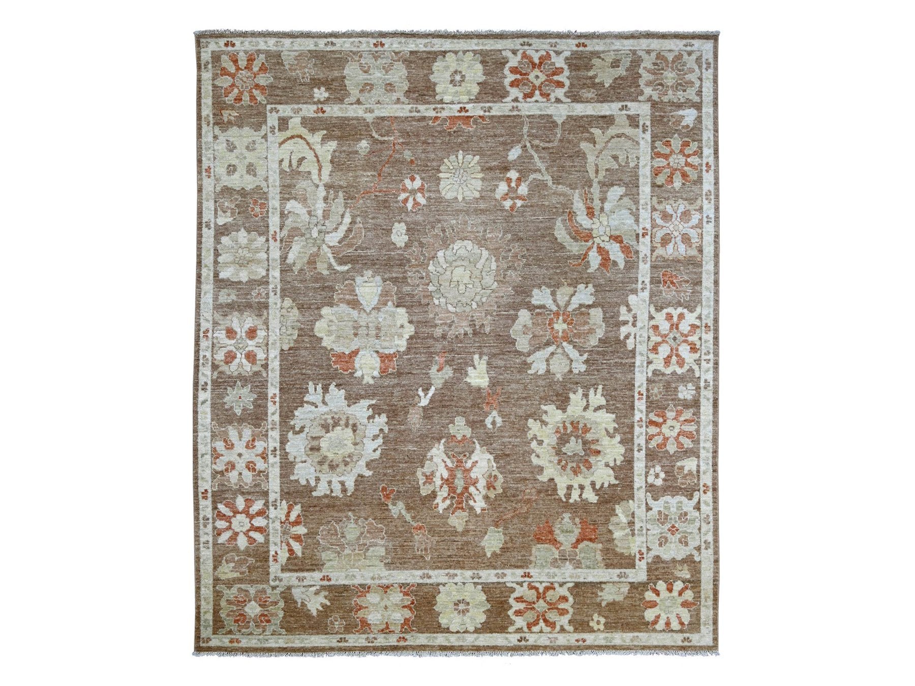 Brown 8'2" x 9'9" Oushak And Peshawar Hand knotted Wool Rug - Sku: O022640