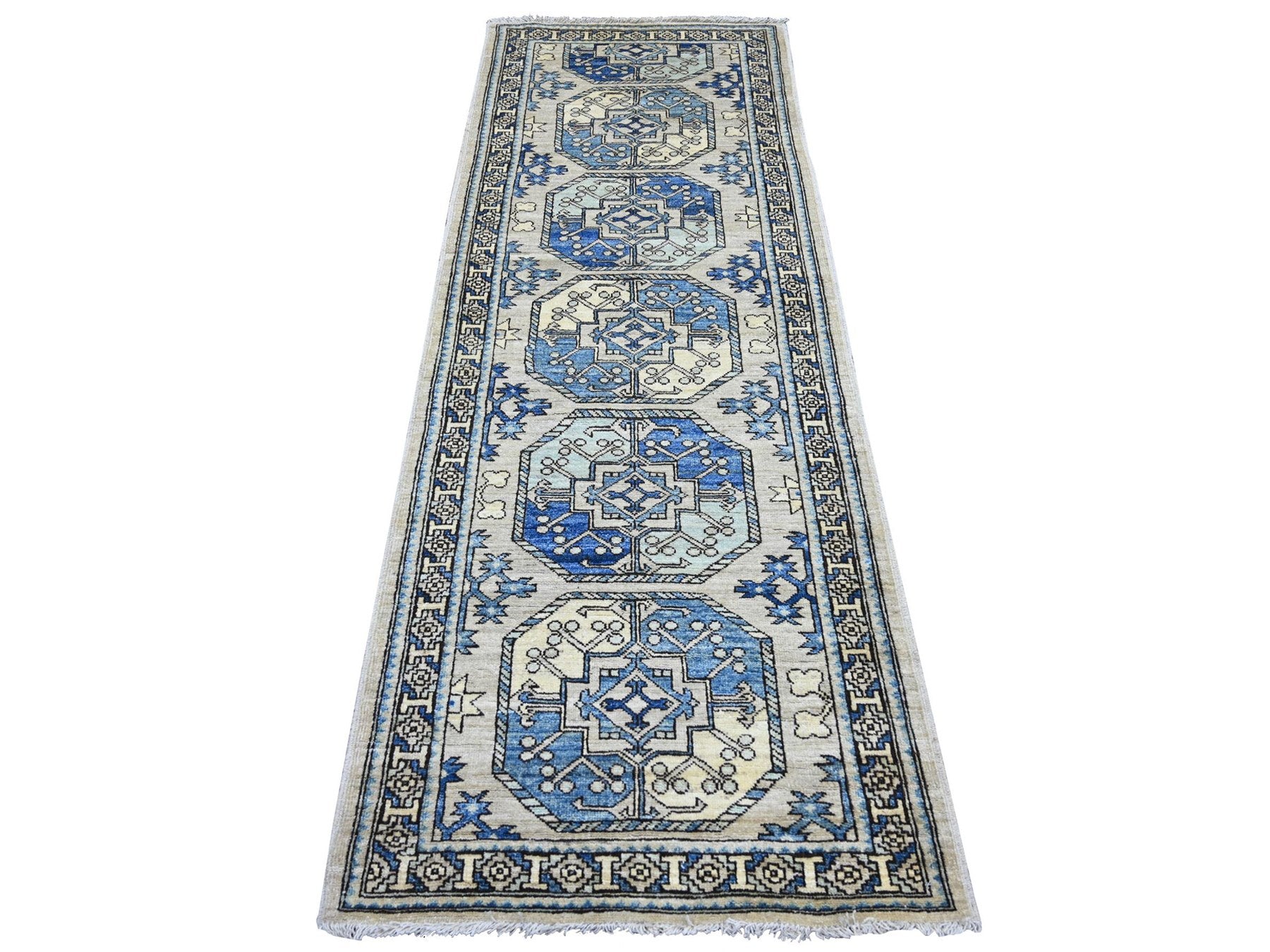 Grey 2'8" x 7'6" Tribal & Geometric Hand knotted Wool Rug - Sku: O022663