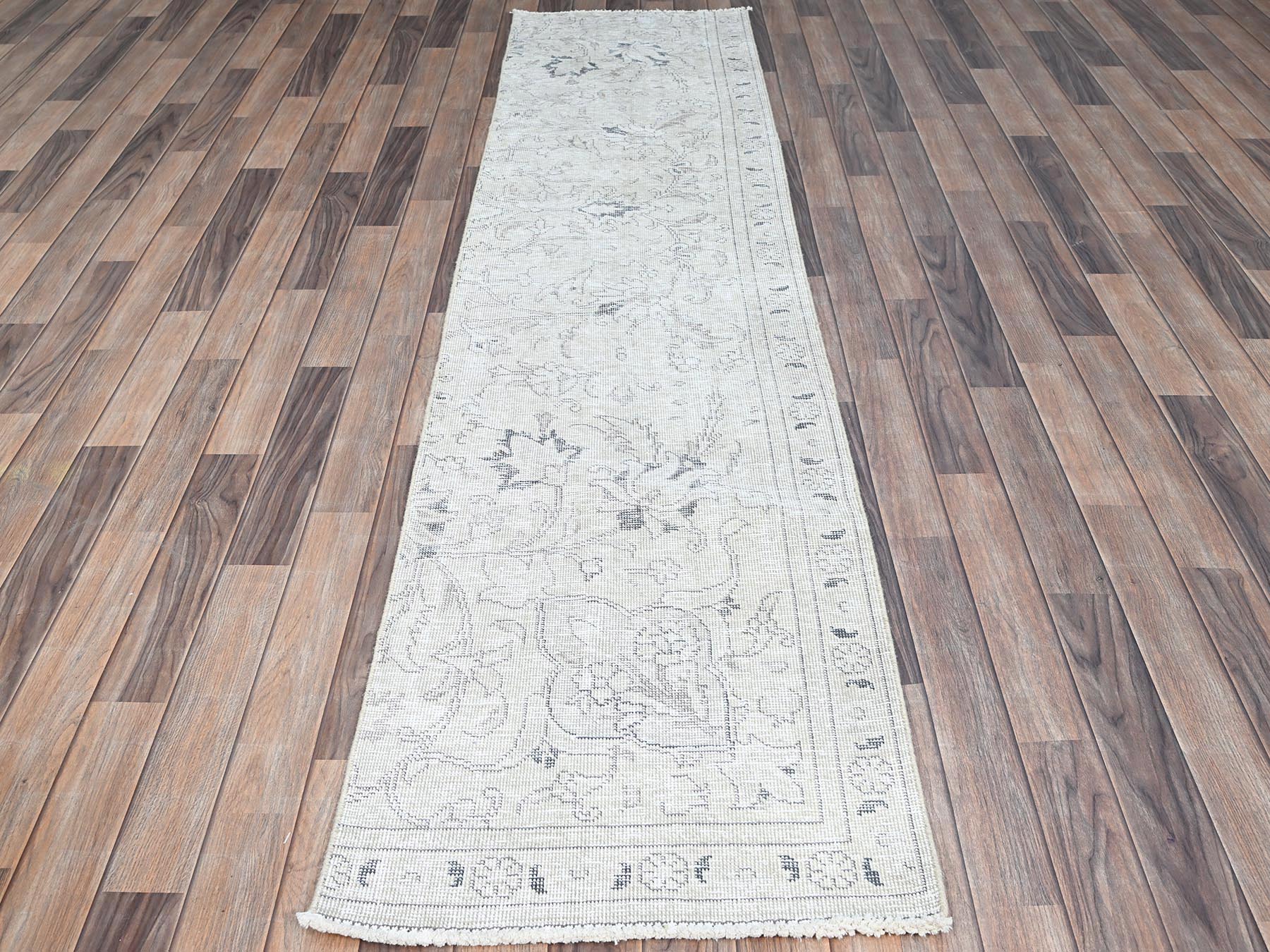 Ivory 2'2" x 9'0" Vintage Hand knotted Wool Rug - Sku: O0226