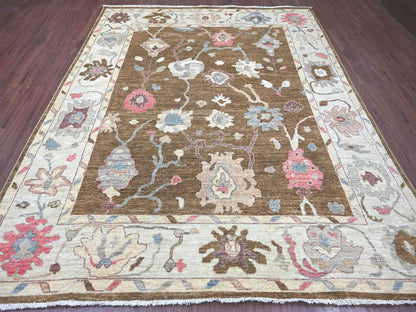 Brown 8'1" x 9'8" Oushak And Peshawar Hand knotted Wool Rug - Sku: O022706
