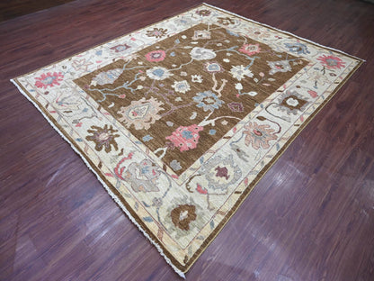 Brown 8'1" x 9'8" Oushak And Peshawar Hand knotted Wool Rug - Sku: O022706