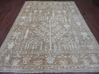 Brown 8'0" x 9'9" Oushak And Peshawar Hand knotted Wool Rug - Sku: O022747