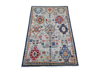 Ersari Tribal & Geometric hand-knotted wool rug in Gray & Yellow, 3'2" x 4'10" — SKU O022788