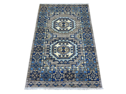 Ersari Tribal & Geometric hand-knotted wool rug in Gray & Blue, 3' x 4'8" — SKU O022794