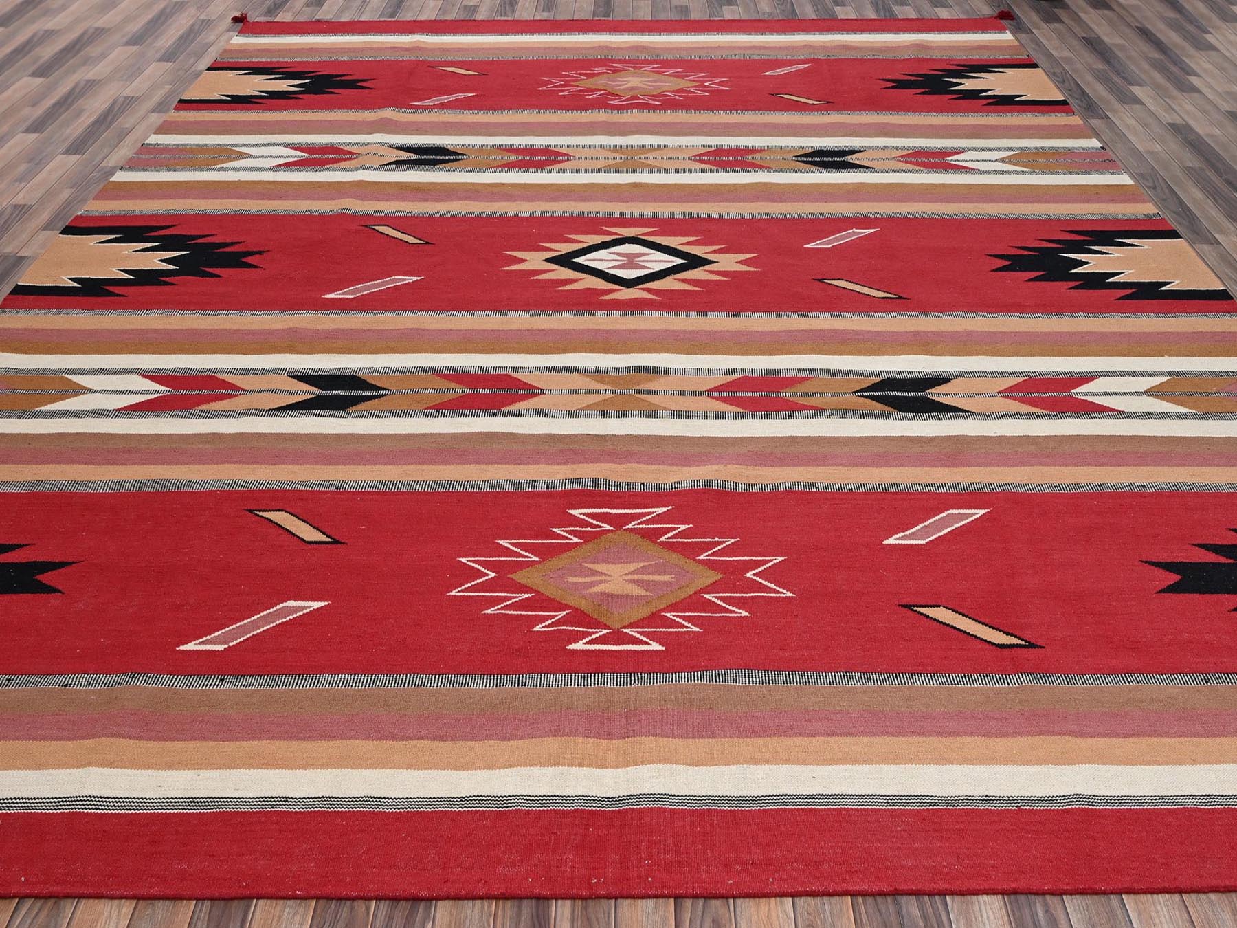 Flat-Weave hand-knotted wool rug in Red, 12'1" x 14'2" — SKU O02279 (view 2)
