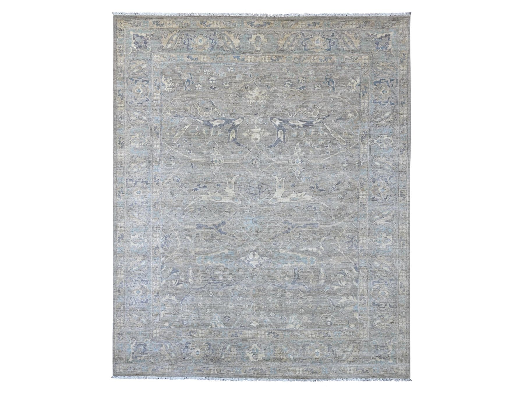 Peshawar Tribal & Geometric hand-knotted wool rug in Gray & Light Blue, 7'11" x 9'11" — SKU O022800