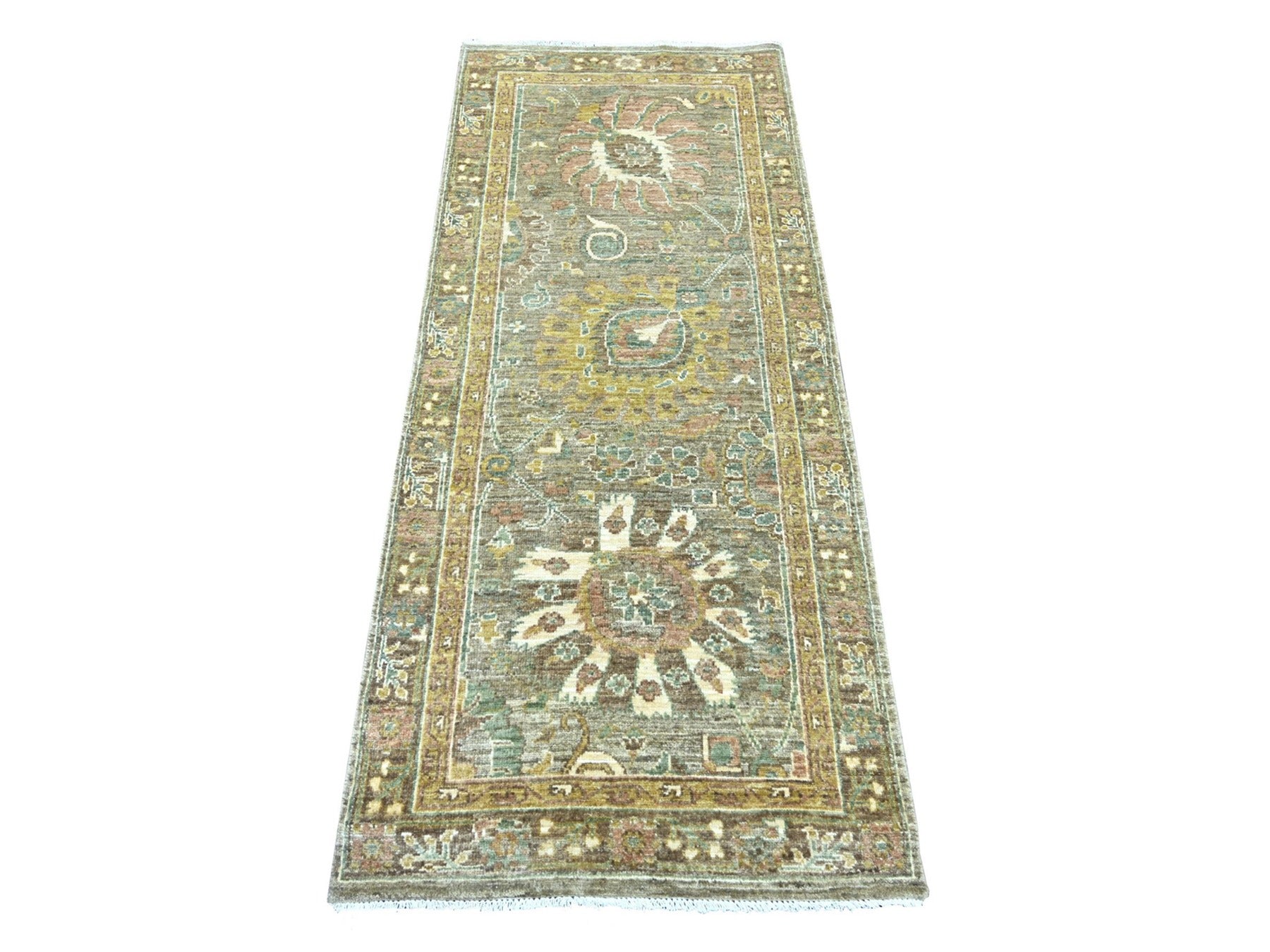 Green 2'6" x 6'2" Oushak And Peshawar Hand knotted Wool Rug - Sku: O022801