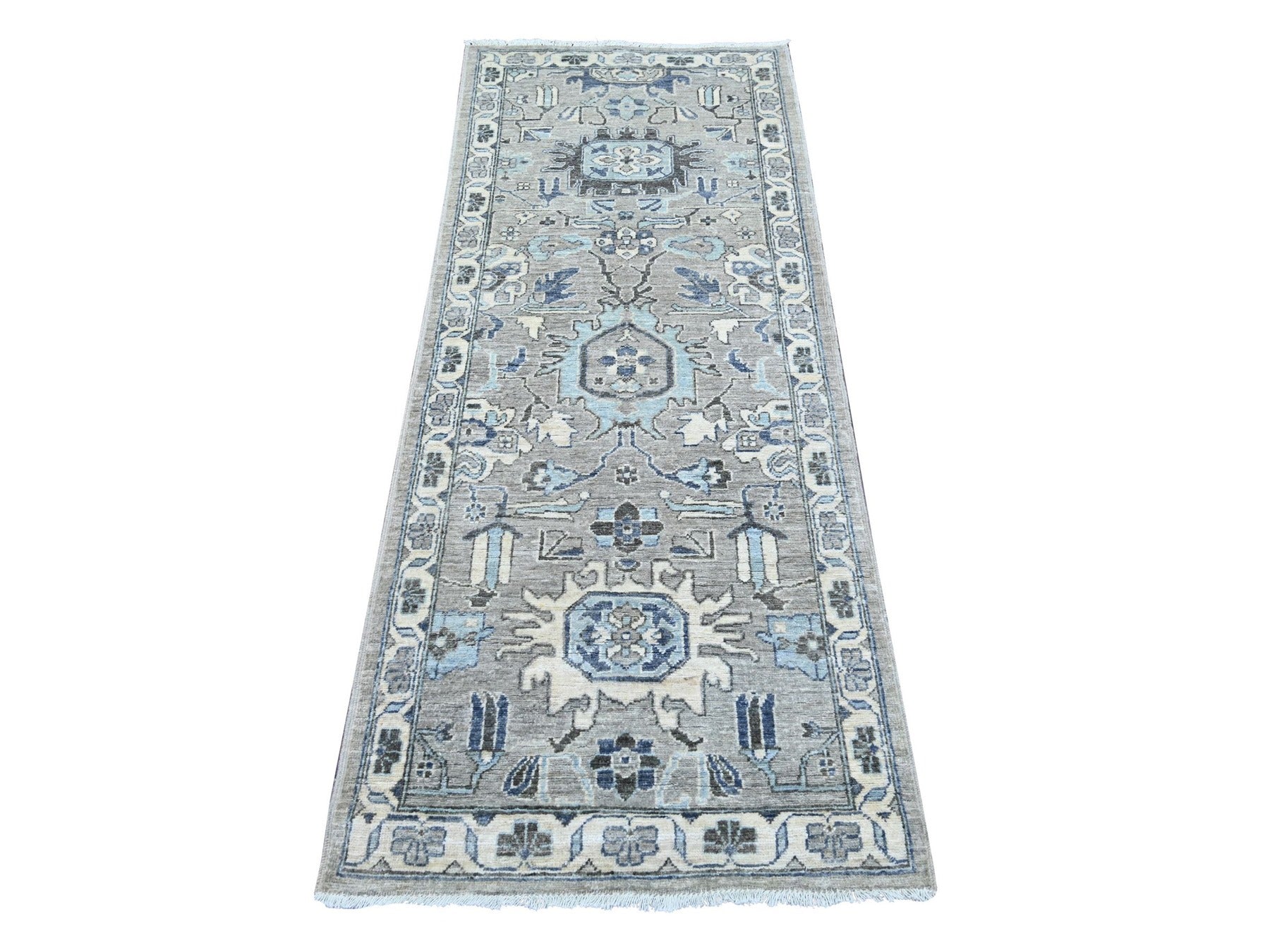 Grey 2'7" x 6'3" Oushak And Peshawar Hand knotted Wool Rug - Sku: O022802