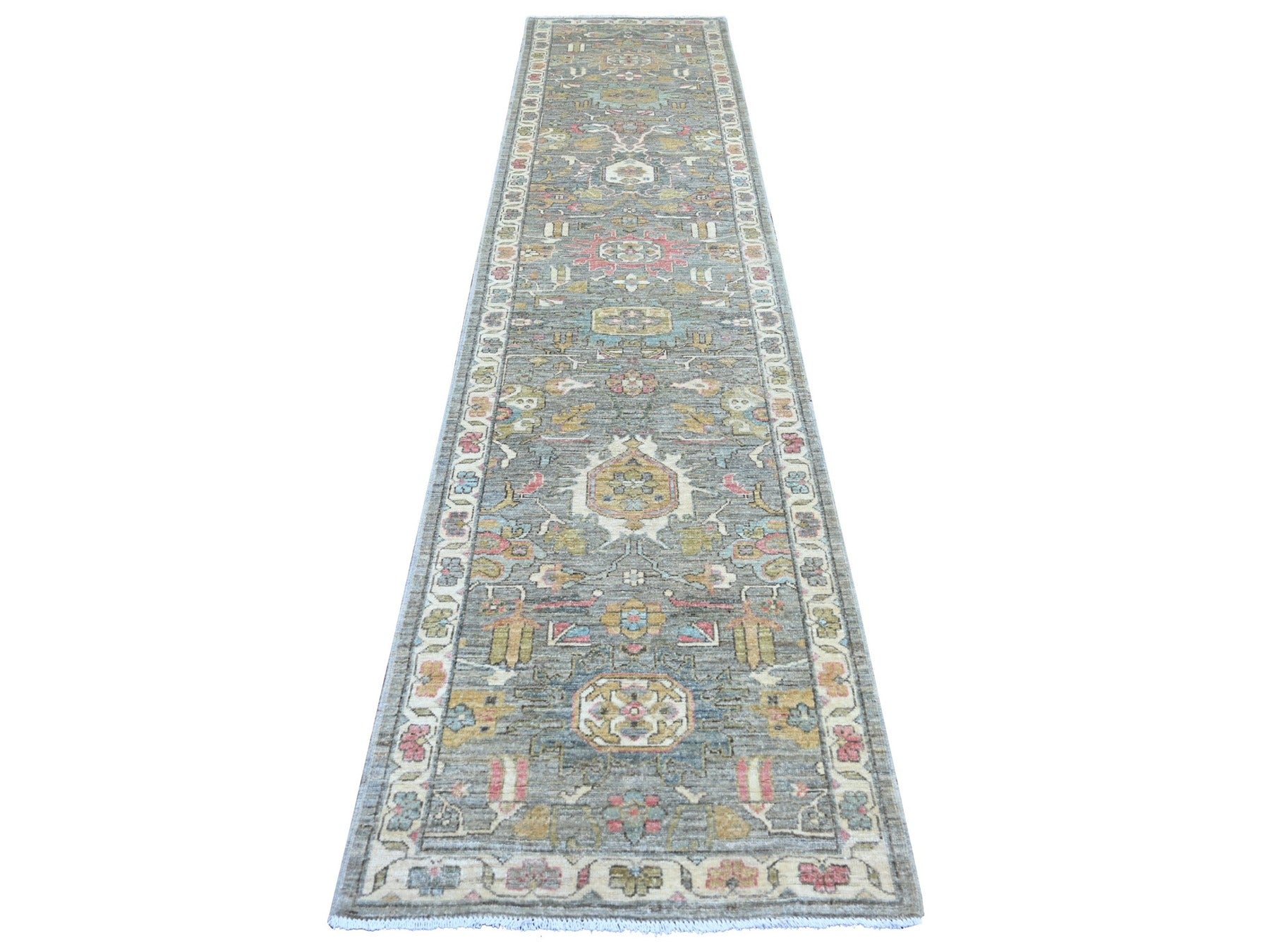 Heriz Oushak hand-knotted wool runner in Gray & Ivory, 2'9" x 12'1" — SKU O022803