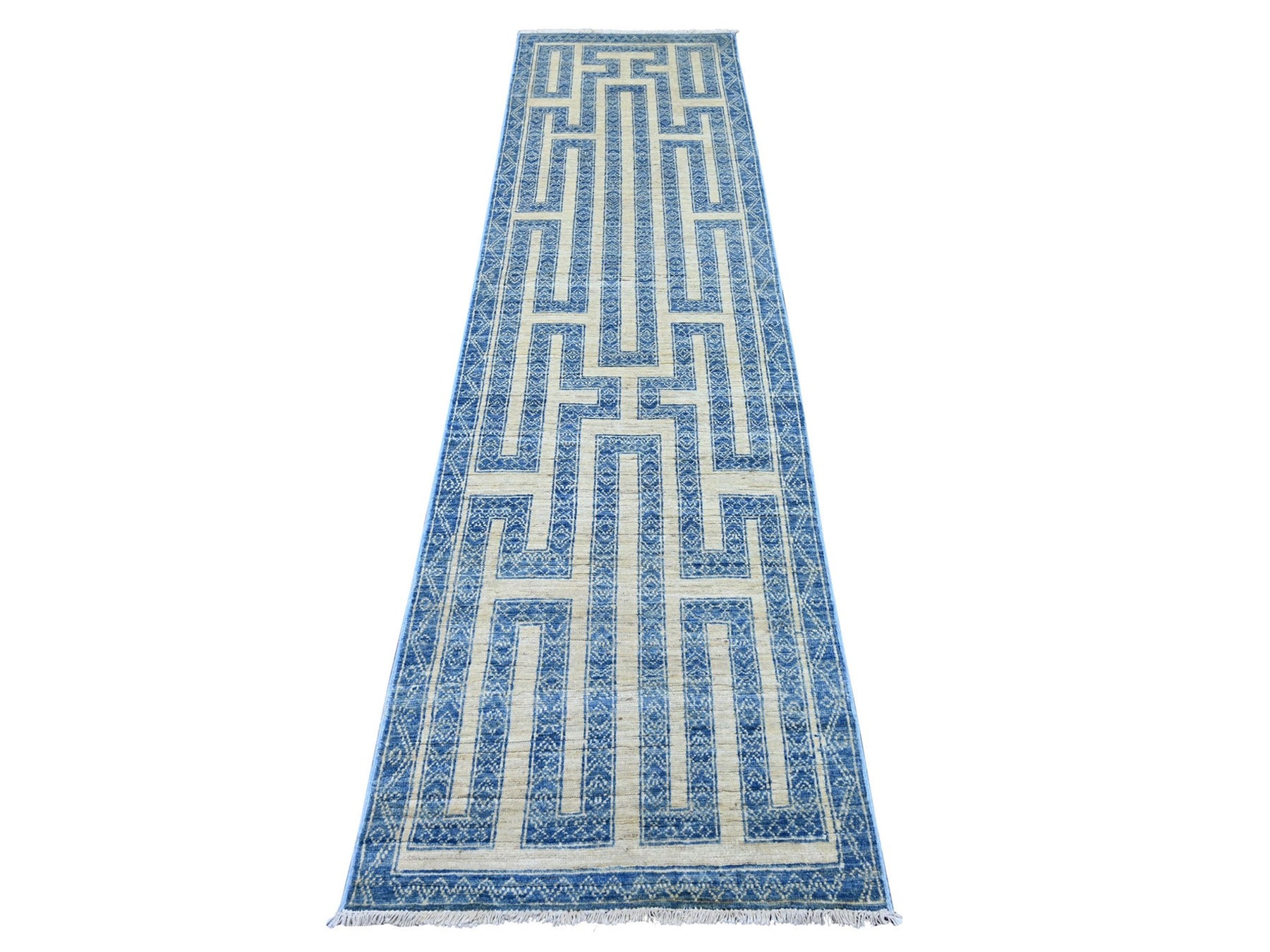 Blue 2'5" x 9'5" Oushak And Peshawar Hand knotted Wool Rug - Sku: O022811