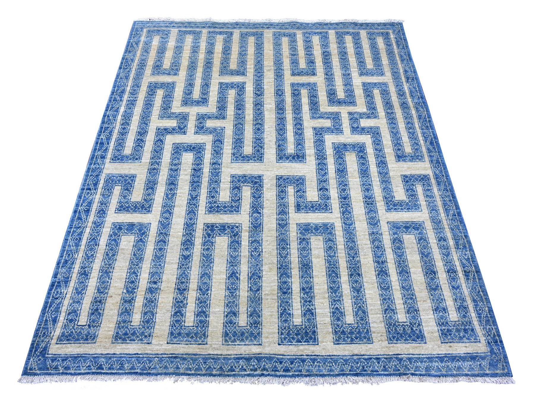 Blue 4'11" x 5'11" Oushak And Peshawar Hand knotted Wool Rug - Sku: O022813