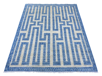 Blue 4'11" x 5'11" Oushak And Peshawar Hand knotted Wool Rug - Sku: O022813