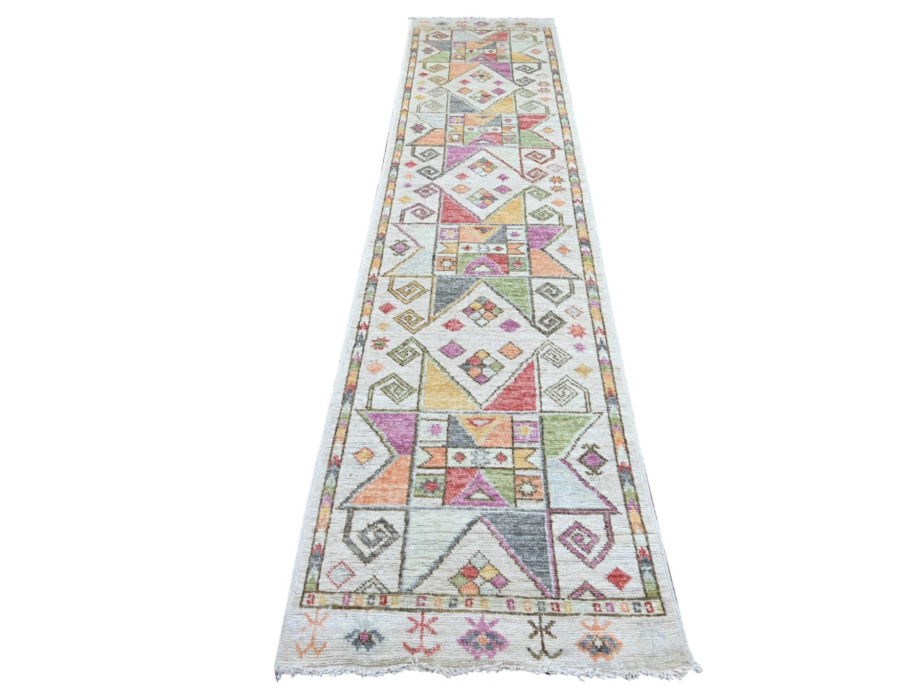 Tribal & Geometric hand-knotted wool runner in Gray, 2'8" x 11'4" — SKU O022826