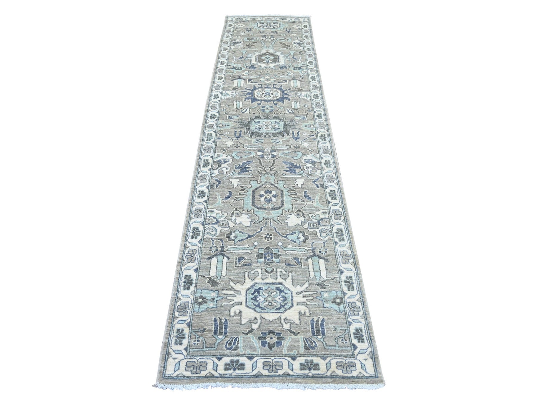 Heriz Oushak hand-knotted wool runner in Gray & Ivory, 2'7" x 10'8" — SKU O022828