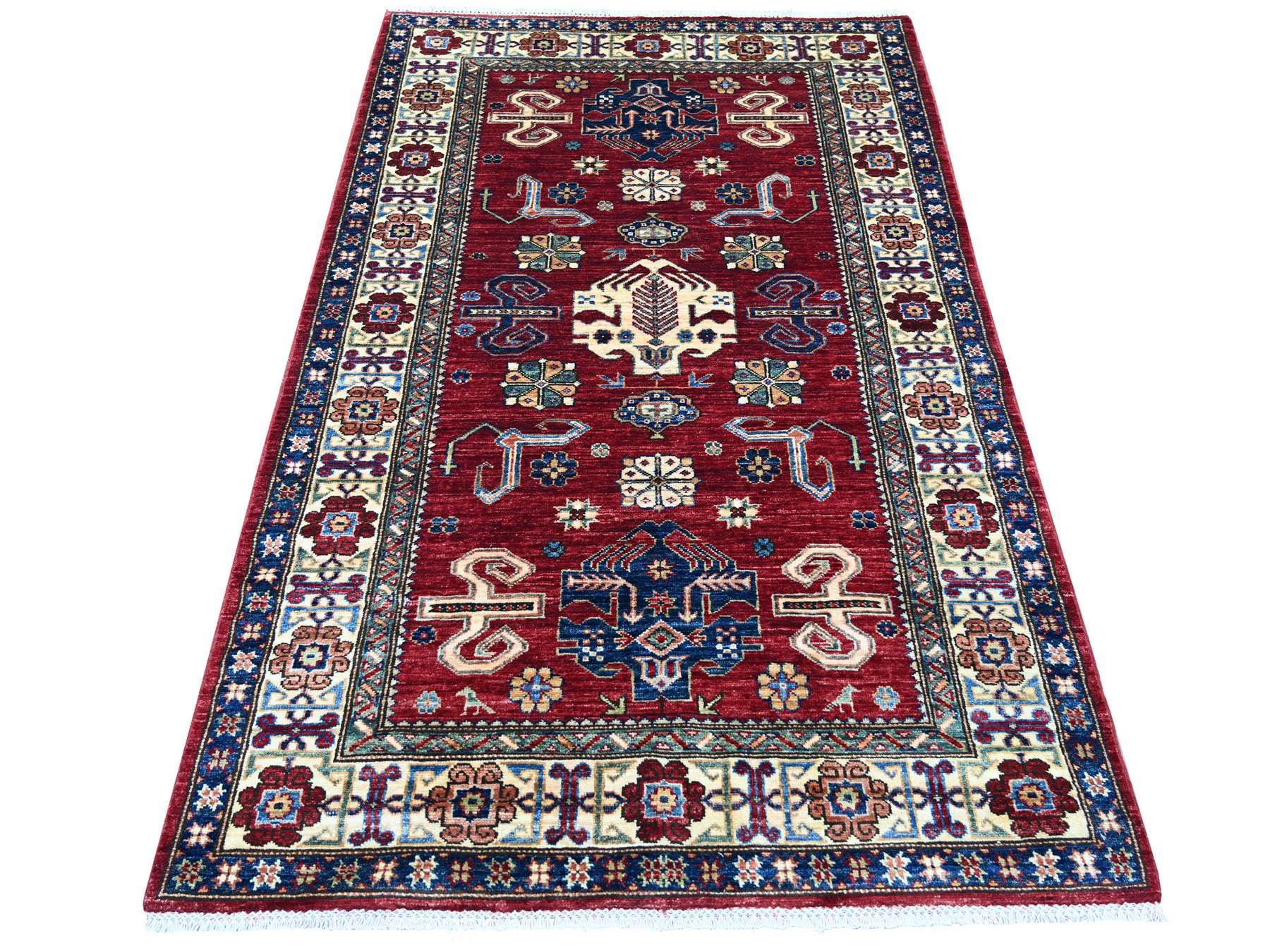 Kazak Tribal & Geometric hand-knotted wool rug in Red & Ivory, 3'11" x 6'4" — SKU O022831