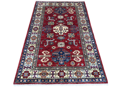 Kazak Tribal & Geometric hand-knotted wool rug in Red & Ivory, 3'11" x 6'4" — SKU O022831