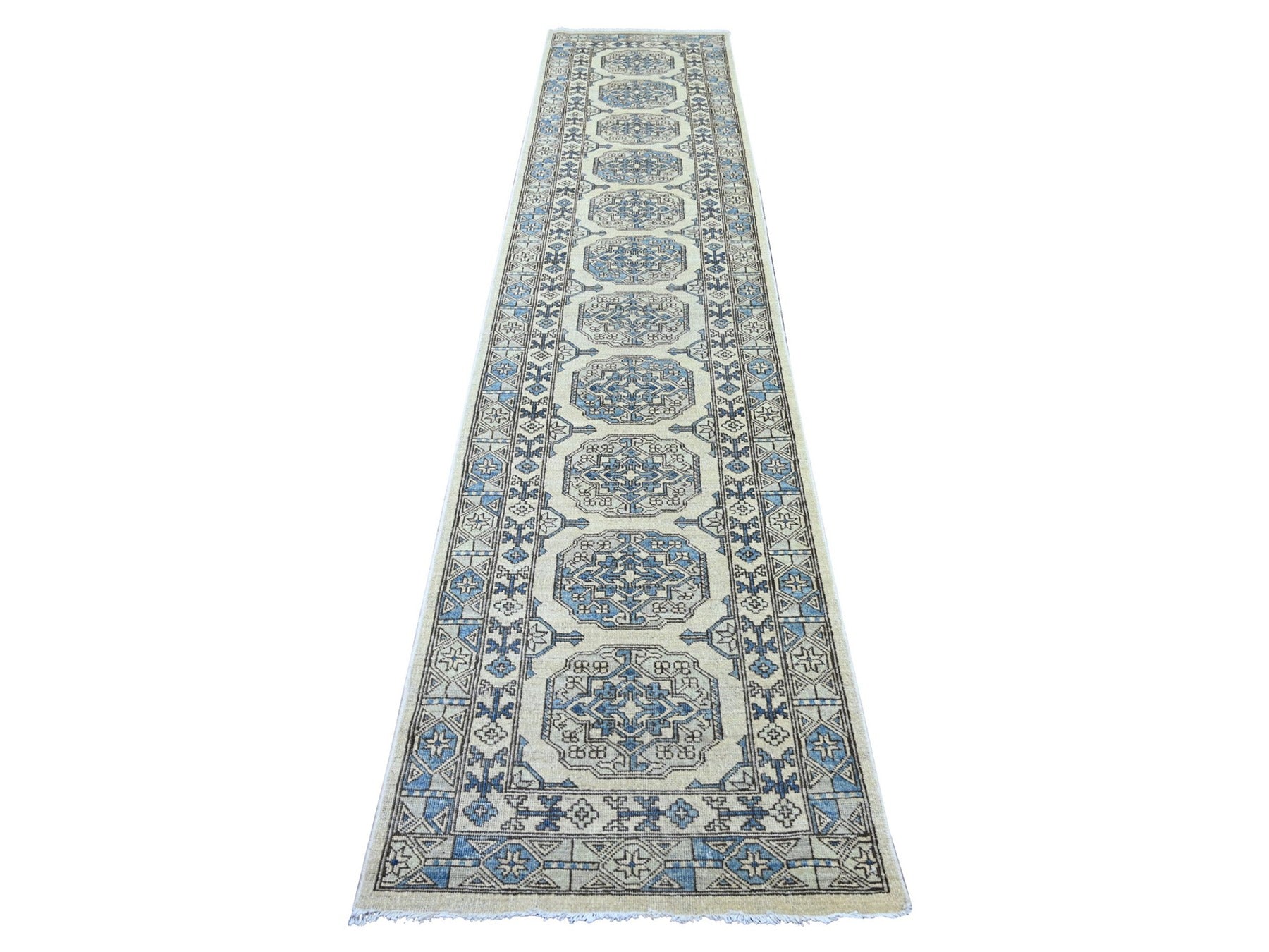 Ersari Tribal & Geometric hand-knotted wool runner in Ivory & Gray, 2'6" x 11'8" — SKU O022835