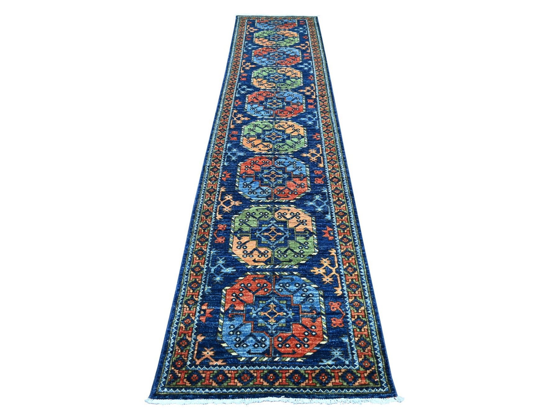 Blue 2'7" x 11'11" Tribal & Geometric Hand knotted Wool Rug - Sku: O022840