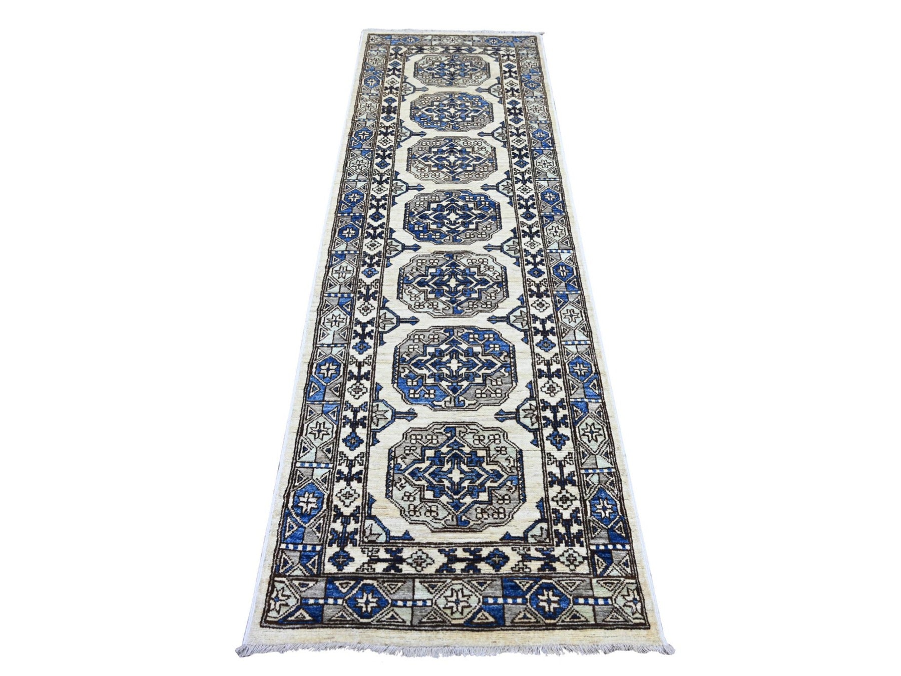 Ersari Tribal & Geometric hand-knotted wool runner in Ivory & Gray, 2'7" x 8'3" — SKU O022842